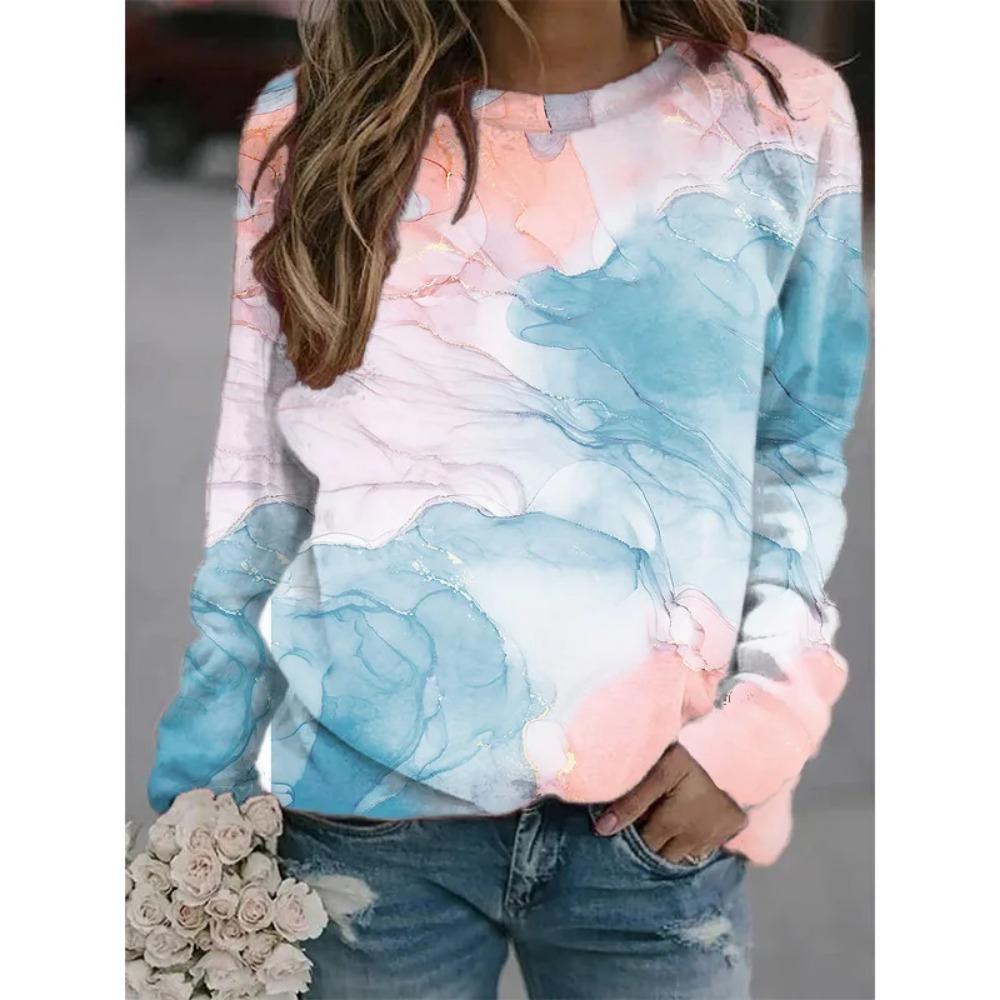 Hot Selling New Marble Texture 3D Printed Women's Casual Round Neck Long Sleeved T-shirt