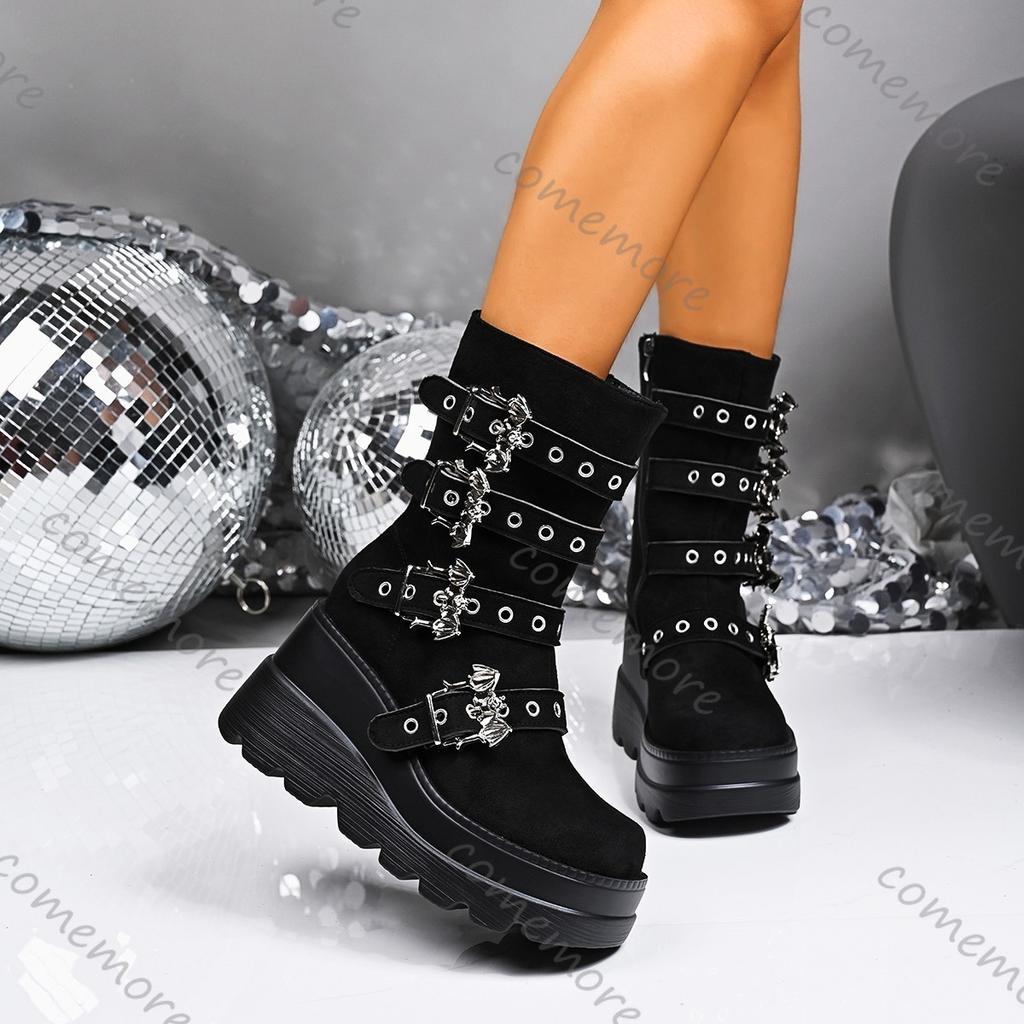 Fashion Comemore Thick Bottom Women's Boots 2025 New Belt Buckle Short Tube Wedges High-heeled Shoes Women Black Punk Gothic Botines