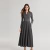 ELLE Solid Color Round Neck Waist Cinching Simple Pleated Knit Long Sleeve Dress Women dresses Dark-Gray EL49083