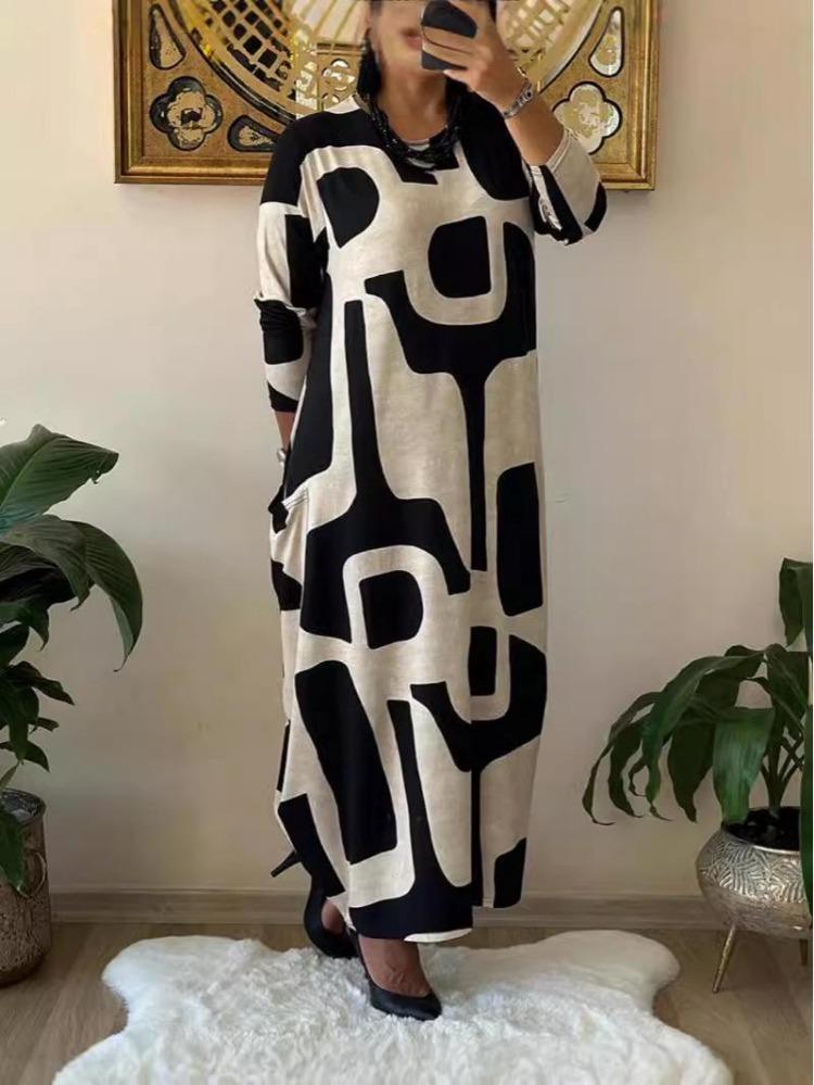 Abito Stampa Larga Autunno Inverno Donna Taglie Forti Manica Lunga Girocollo
