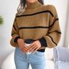 Striped Half High Collar Sweater Lantern Sleeve Knitted Pullover Women's Casual Top Thickened Warm Comfortable Autumn and Winter