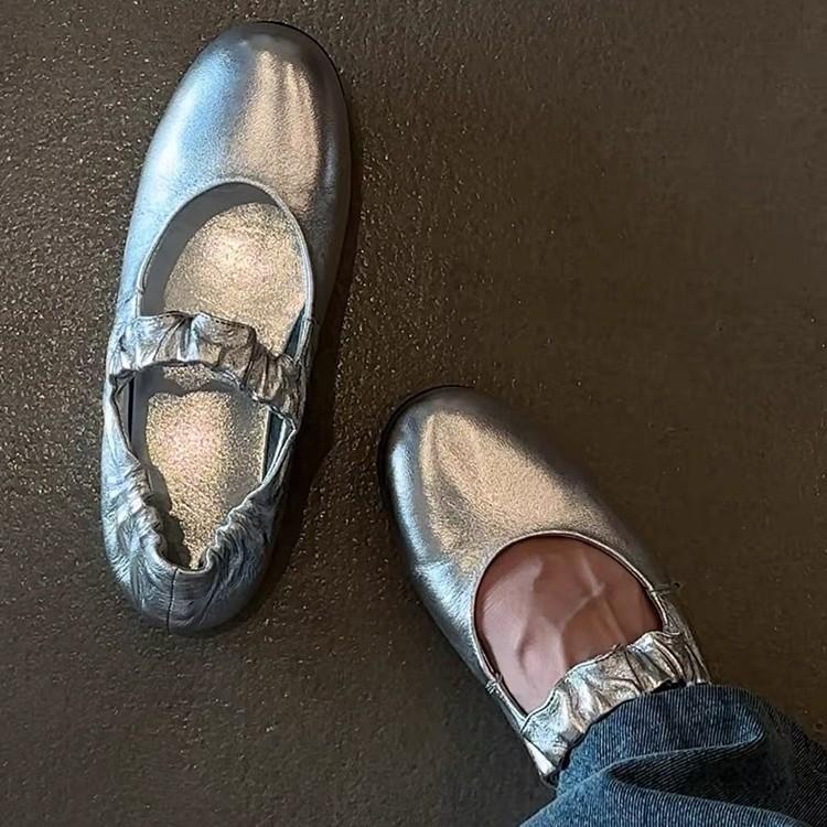 Retro Pleated Word with Flat-soled Ballet Shoes Women's Round Head Soft Sole Comfortable Shallow Mouth Mary Jane Single Shoes