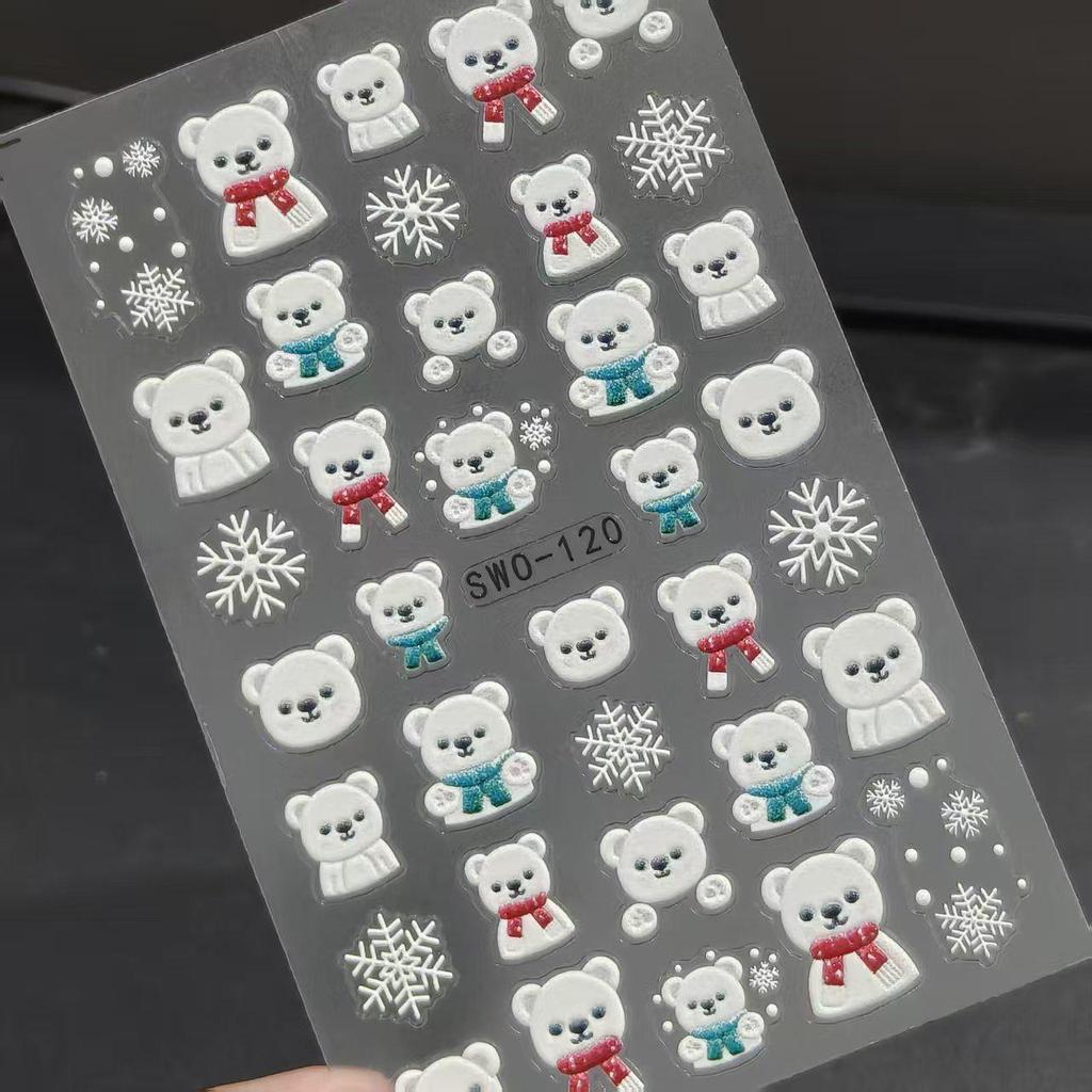 Adesivi per Unghie Natalizi Cartoon con Pupazzo di Neve, Orso e Pinguino in Rilievo