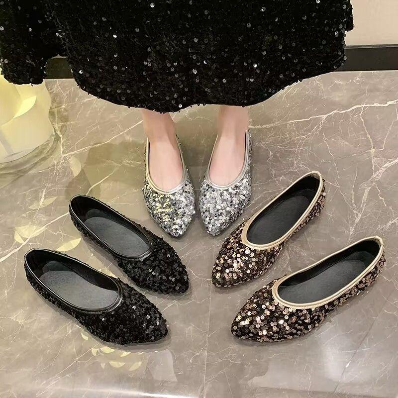 Sexy Socialite Sequined Pointed Head Shallow Mouth Single Shoes Women's Summer New Temperament One-pedal Flat Shoes