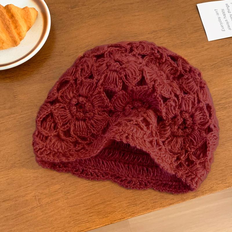 Japanische süße Spitze Hohlblumen Tasche Hut Damen Nische Literarisch und Modisch Vielseitig Handgefertigt Häkeln Gestrickter Hut