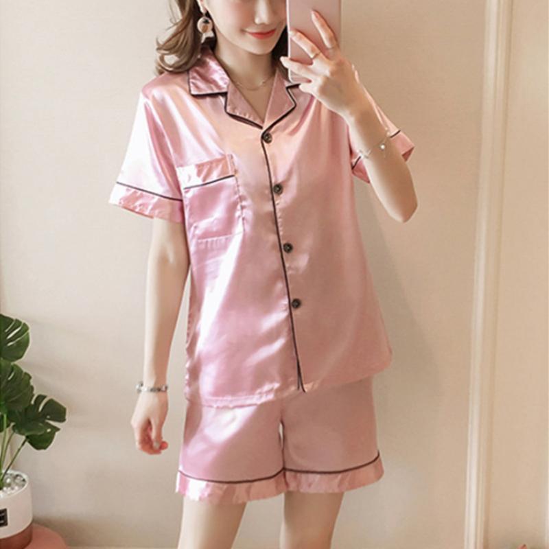 Womens Silk Satin Pajamas Set Short Sleeve Two-piece Pj Sets Sleepwear Loungewear Button-Down