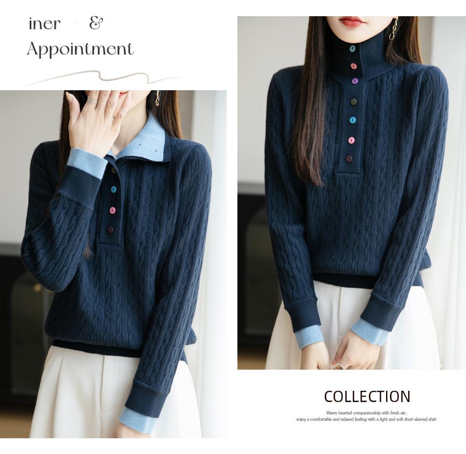 High-End Women's Retro Cable Knit Sweater: Two-Piece, Half-Open Collar, Korean Style, Autumn/Winter Slimming Knitwear