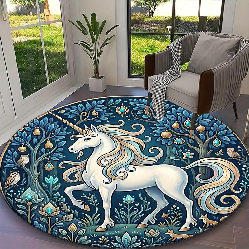 1pc Office Printed Round Carpet, Celestial Blue Unicorn Rug, Home Sofa Chair Mat For Christmas and Halloween Décor
