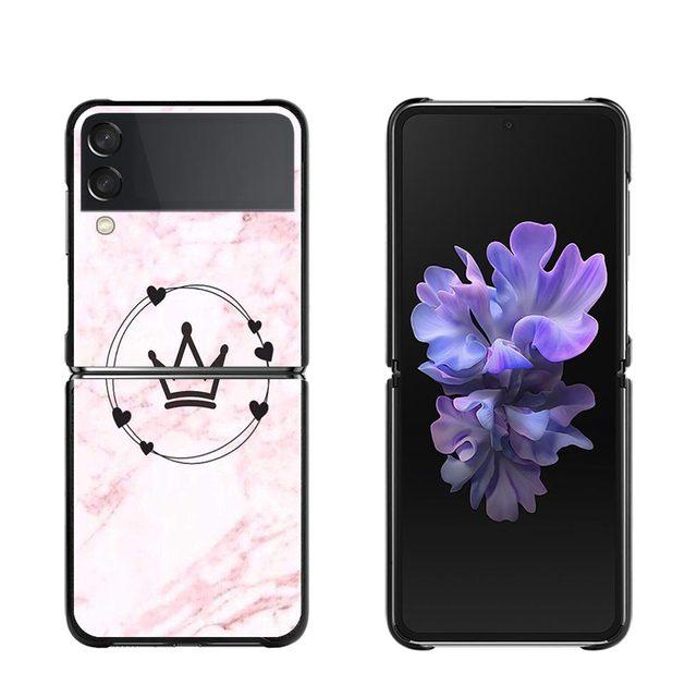 Pink Marble Flower Phone Case For Samsung Galaxy Z Flip3 5g Back Pc Case For Samsung Z Flip Capa Black Shell Hard Fundas
