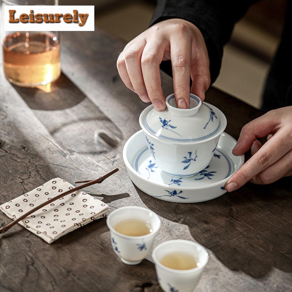 130ml Pure Hand-painted Butterfly Orchid Gaiwan Ancient Sancai White Porcelain Tea Tureen Tea Brewing Cover Bowl Teaset Ornament