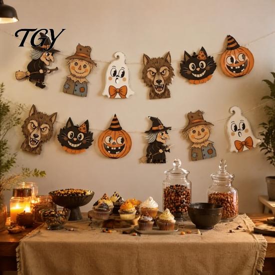 Themed Party Hanging Decorations 12Pcs Vintage Halloween Decor Wood Banner, Retro Banner Garland, Bunting Indoor Home Decorations, Spooky Pumpkin