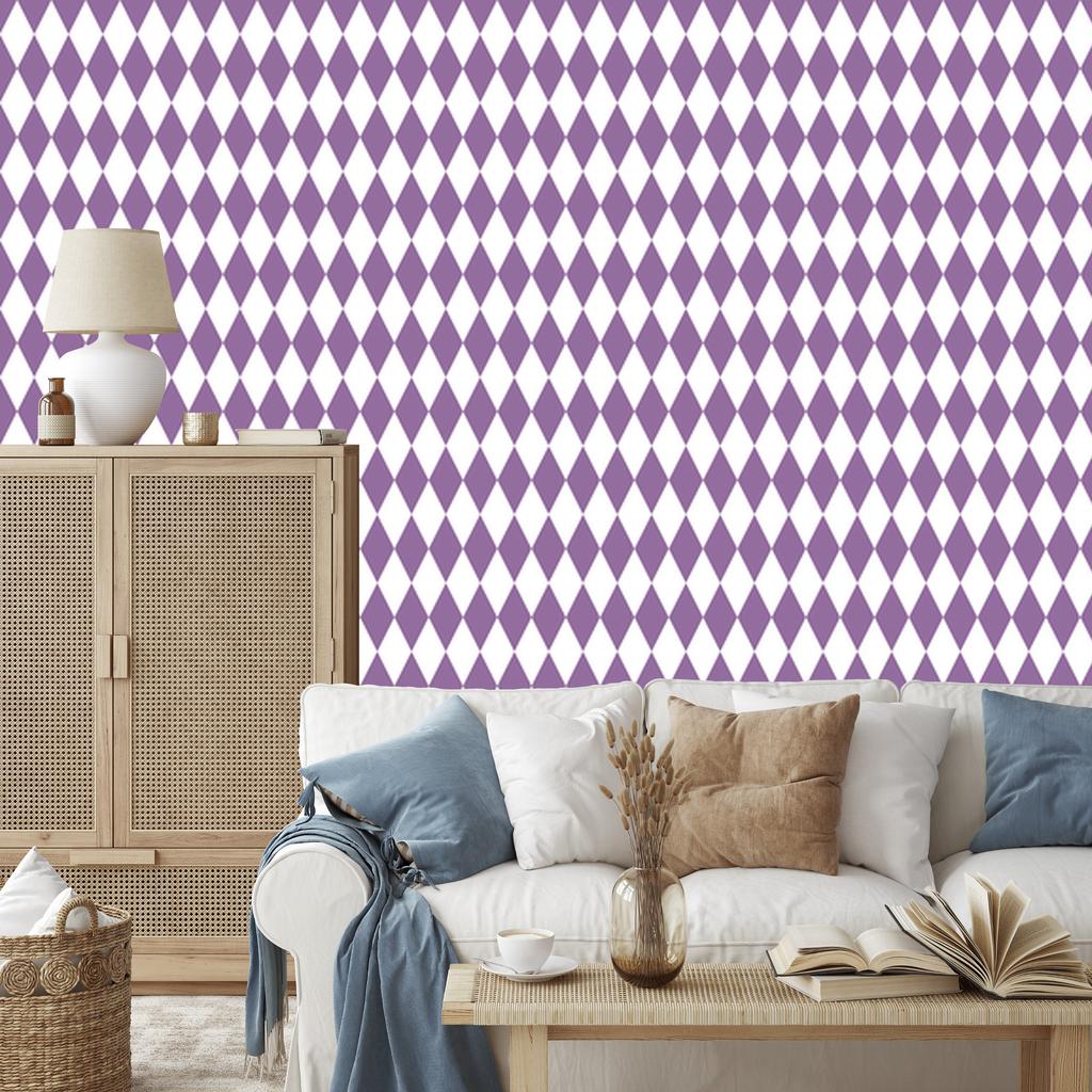 Harlequin Diamonds wallpaper purple, light gray background 50x1000