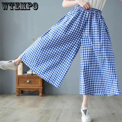 Mixed Cotton Plaid Wide Leg Pants Women's Spring Summer Autumn Large Size Loose Comfortable Casual Nine Point Pants Culottes with Pockets