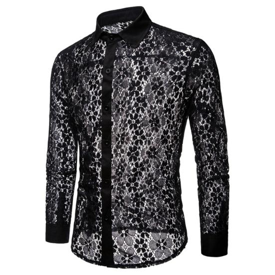 Men Sexy Long Sleeve Solid Color Lace See Through Clubwear Buttons Down Shirt
