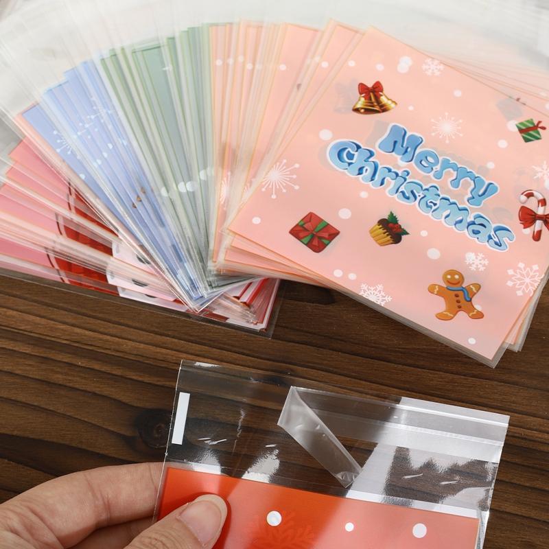 100Pcs Christmas Candy Cookie Gift Bags Self-adhesive Biscuits Snack Packaging Bags Xmas Party Decor Favors Plastic