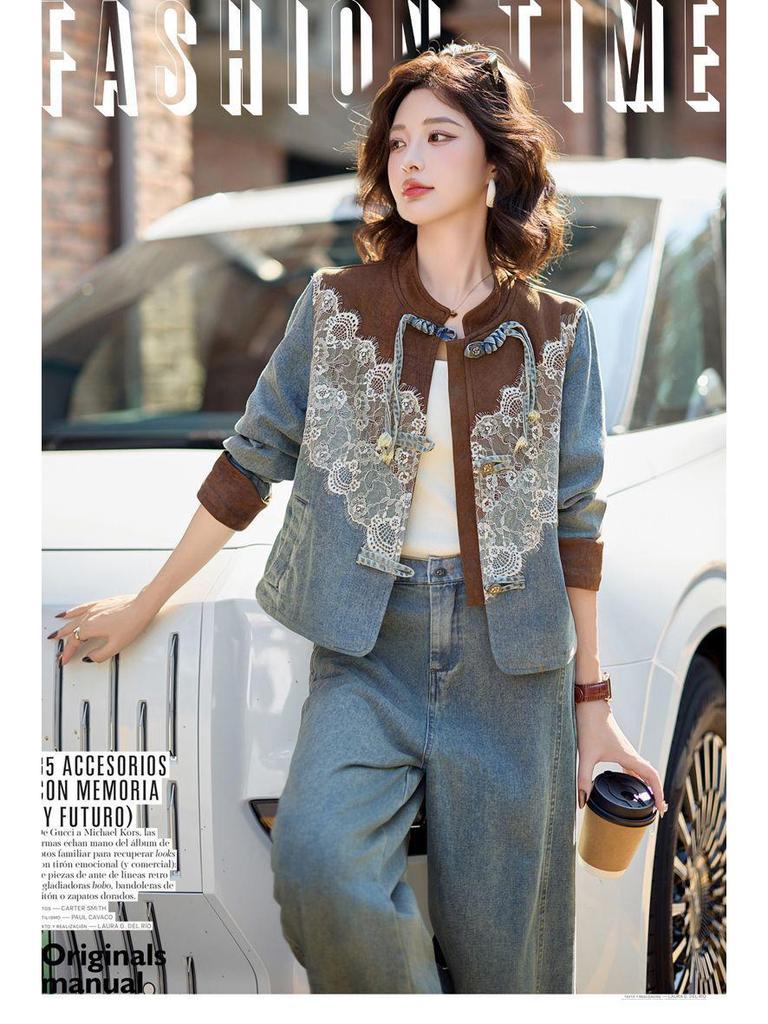 2026 Spring/Autumn Women's Lace Patchwork Denim Suit with Frog Buttons - Stylish Two-Piece Set