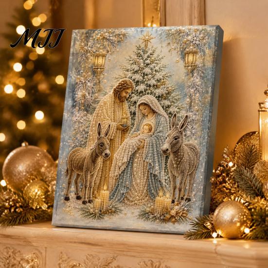 Nativity Craft for Adults Faux Pearl Art Kit, Holy Family Painting DIY Catholic Prayer Corner Decorations 3D Religious Set Adults, Home Christmas Wall