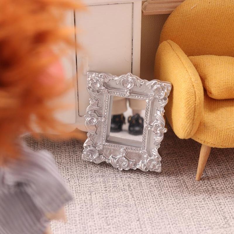 Antique Doll House Mirror Model Figure PVC Miniature Furniture For Children Pretend Play Classical Home Scene Decors
