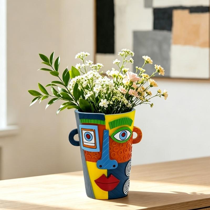 Resin Flower Pot with Abstract Face Profile, Wide Vessel Opening, and Colorful Pattern for Indoor Plant Display On Tables and Shelves