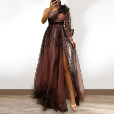 Women Evening Dress 3D Flower Decor One Shoulder Pleated Pleated Mesh Banquet Dress Single Long Sleeve Slim Waist A-line Floor Length Slit Hem Ball