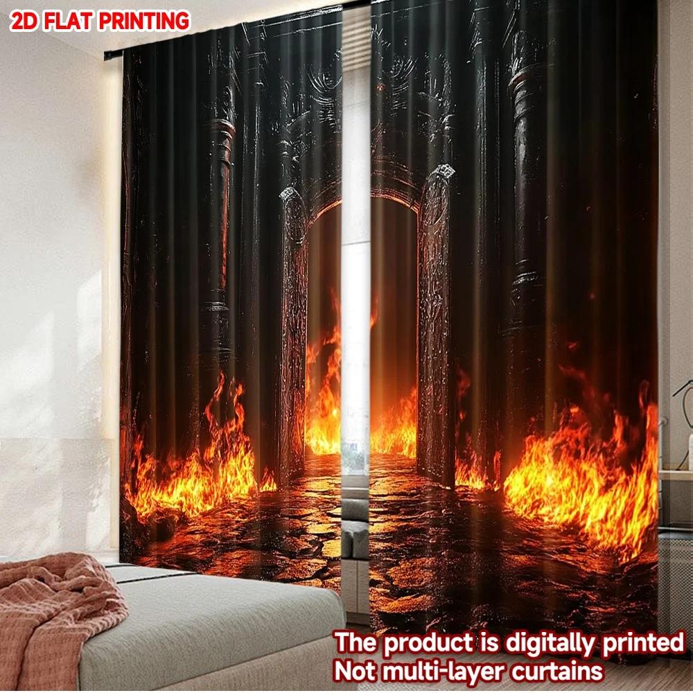 

Set Of 2 Modern Realistic Flame Curtains Digital Printing Dramatic Fire Road Scene Black Background Living Room Wall Decor Curtain For Great Made W100*H70(CM)-Grommet top&1PCS