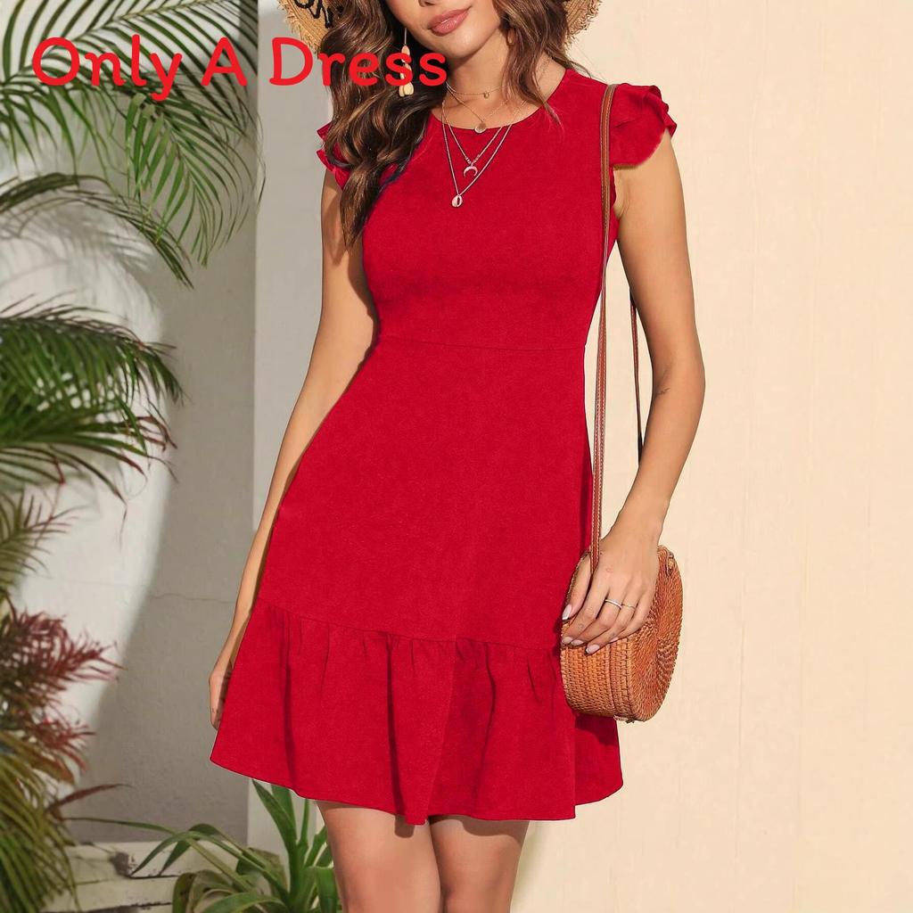 Knit Fabric A Line Dress With Ruffle Sleeves For Summer Beach Vacation