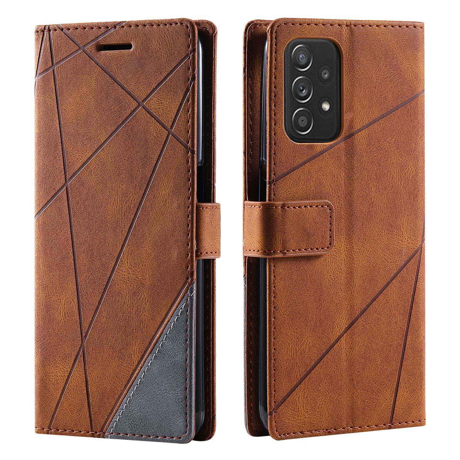 

For Samsung Galaxy A53 5G Wallet Case Lines Imprinted Skin-touch Leather Phone Cover Brown
