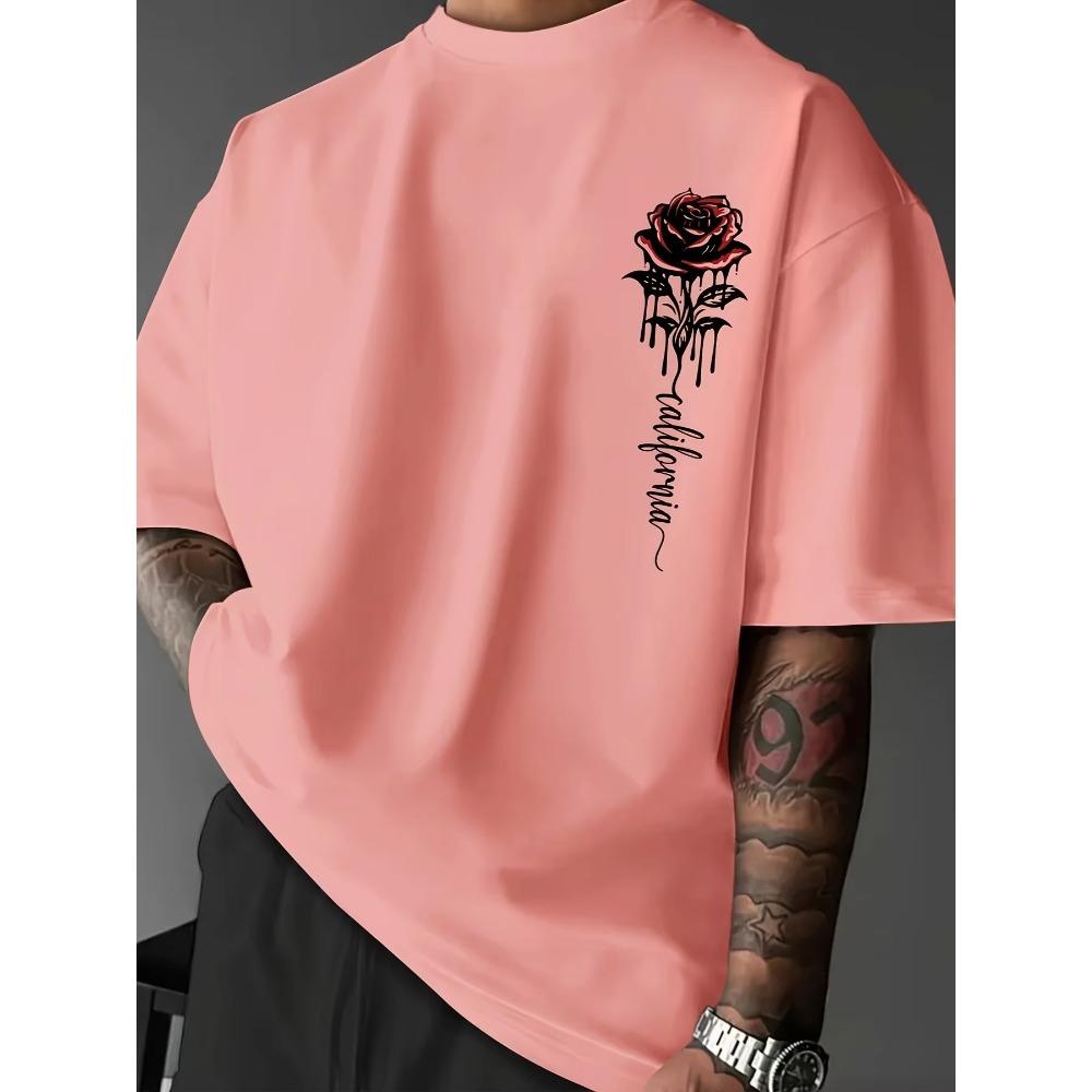 Summer Street Style Rose Print Short Sleeve T-Shirt Round Neck European And American Style Men's Women's T-shirt Tops