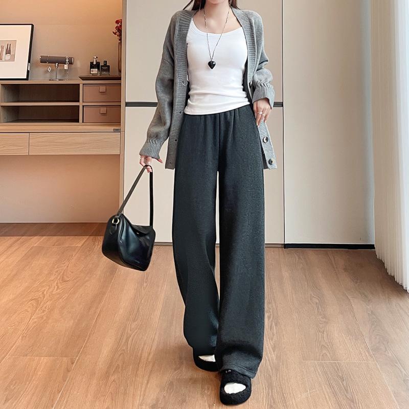 Women's Mid Rise Wide Leg Pants Straight Leg Trousers Winter Regular Weight Wool Blend Fleece Lined Commuter Loose Casual Pants With Irregular Detail
