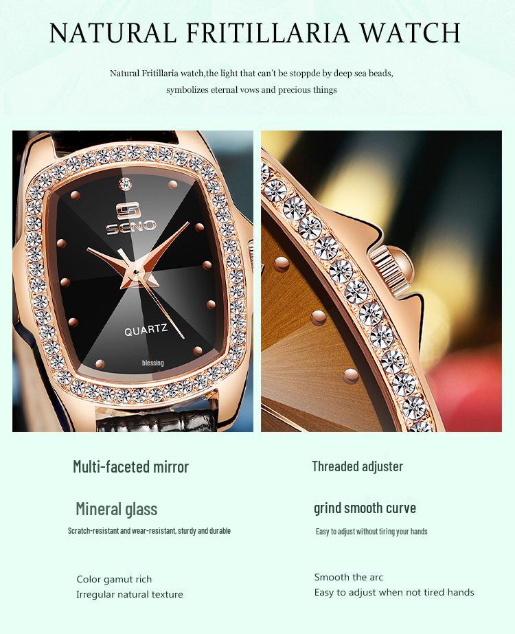 SENO Retro Square Diamond Damen Lederarmbanduhr - Schlichtes Wasser-Diamant-Quarzdesign