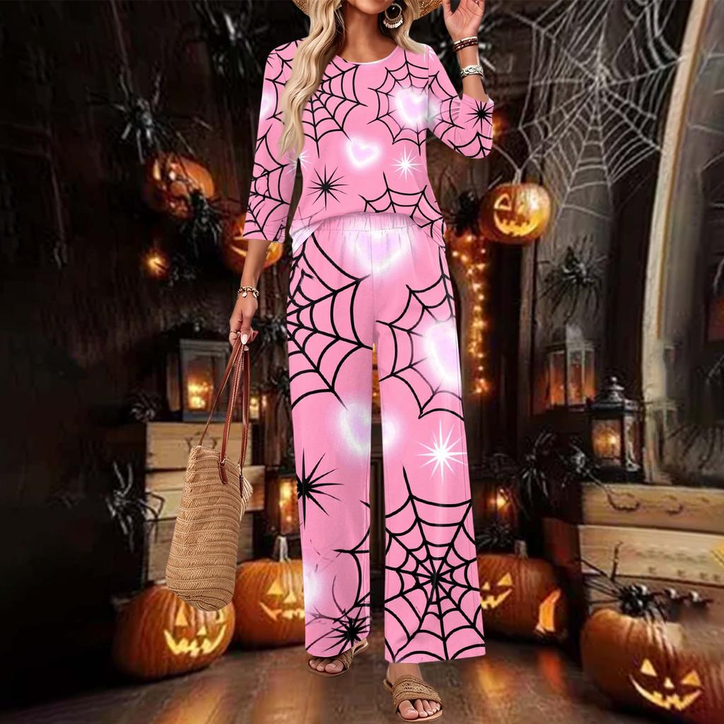 Women's Casual Two-Piece Set Round Neck 3/4 Sleeve Loose Fit Top and Pants for Everyday Wear