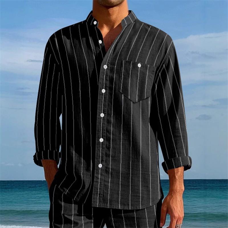 Summer Men's Linen Casual Shirts Fashion Striped Stand Collar Breathable Long Sleeve Casual Shirt Men