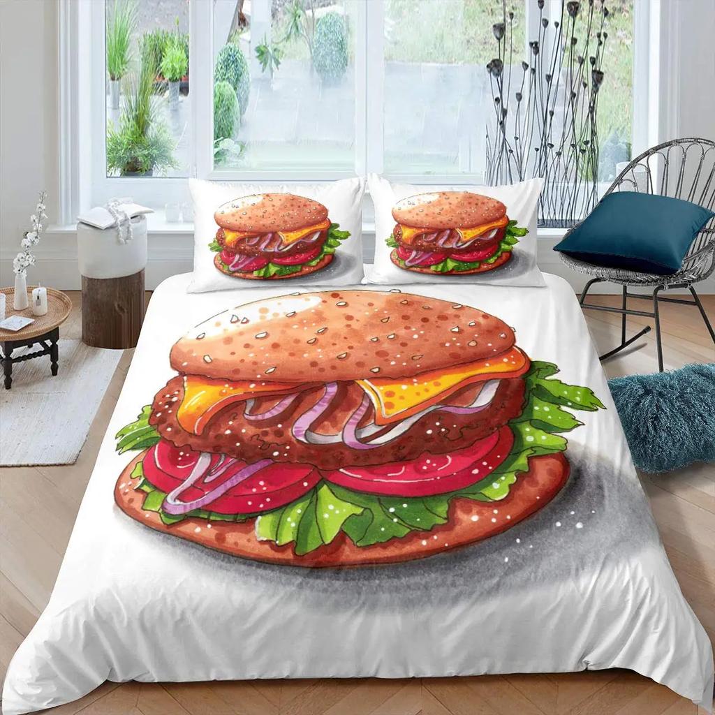 Hamburger Duvet Cover Meat Cheese Fast Food Theme Cartoon Hamburg Pattern Quilt Cover Bedroom Decoration for Children Boys Girls