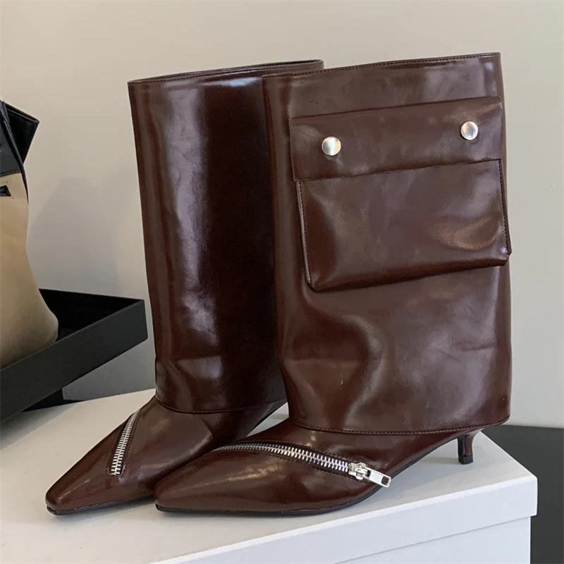 Eilyken  New Fashion Design Pointed Toe Thin Low Heels Zipper Women Ankle Boots Splicing Button Pocket Banquet Ladies Shoes