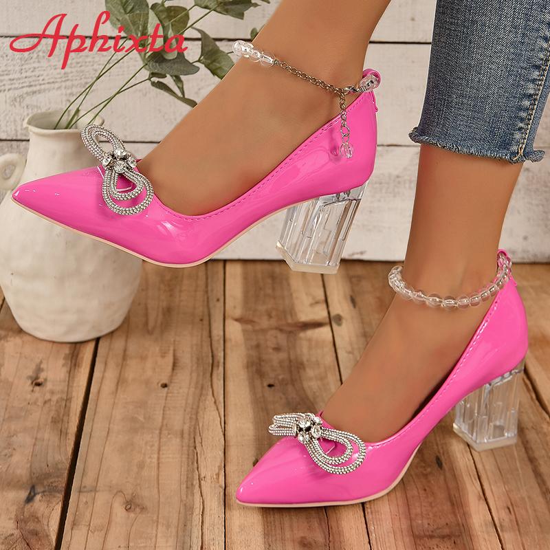 Fashion Aphixta  New Luxury Crystals Bow Transparent Bead Chain 7cm Transparent Chunky Heels Pumps Women Shoes String Bead Belt Chain