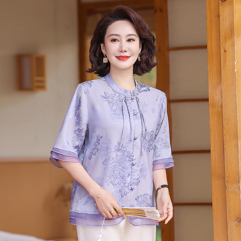 

Floral Print Chiffon Top for Middle-Aged Women - Mid-Sleeve, Round Neck, Lightweight Summer Shirt 3XL (120-135 Jin) фіолетовий