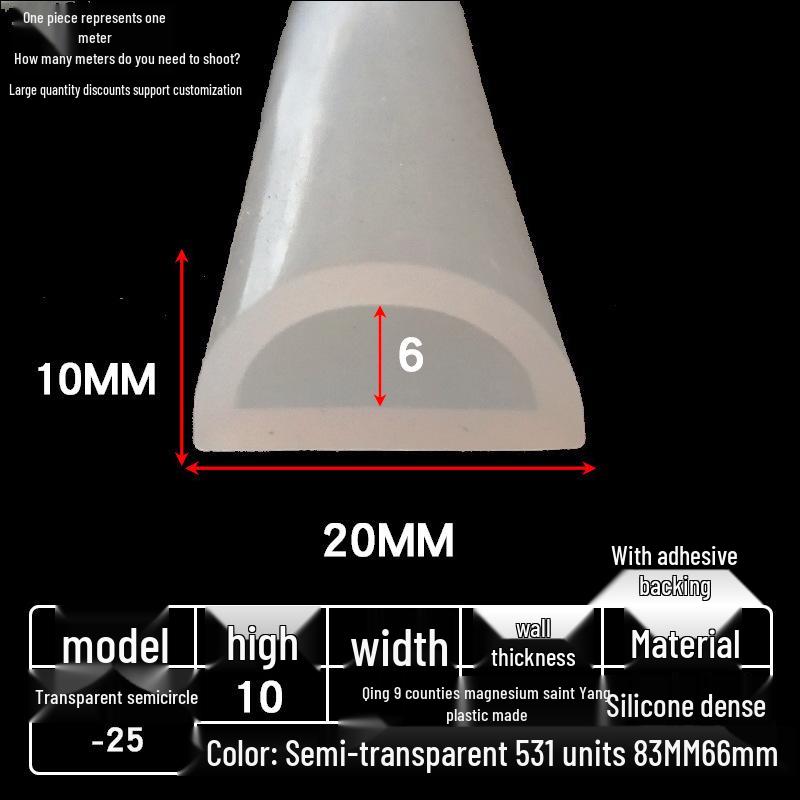 D-shaped High-Temperature Silicone Seal, Semi-Circular Hollow Strip, Self-Adhesive Solid, Odorless Transparent.
