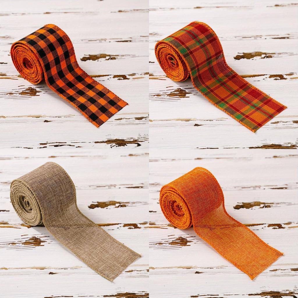Catching Thanksgiving Eye Burlap Ribbon Set With Elegant Orange Checkered Patterns For Styling Home