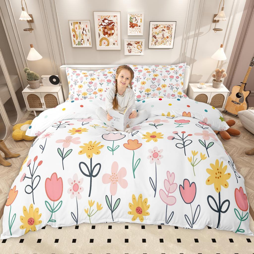 Homewish Cute Groovy Floral Duvet Cover Set for Girls, Vintage Butterfly Flower Bedding Set, Cartoon Blossom Comforter Cover Set