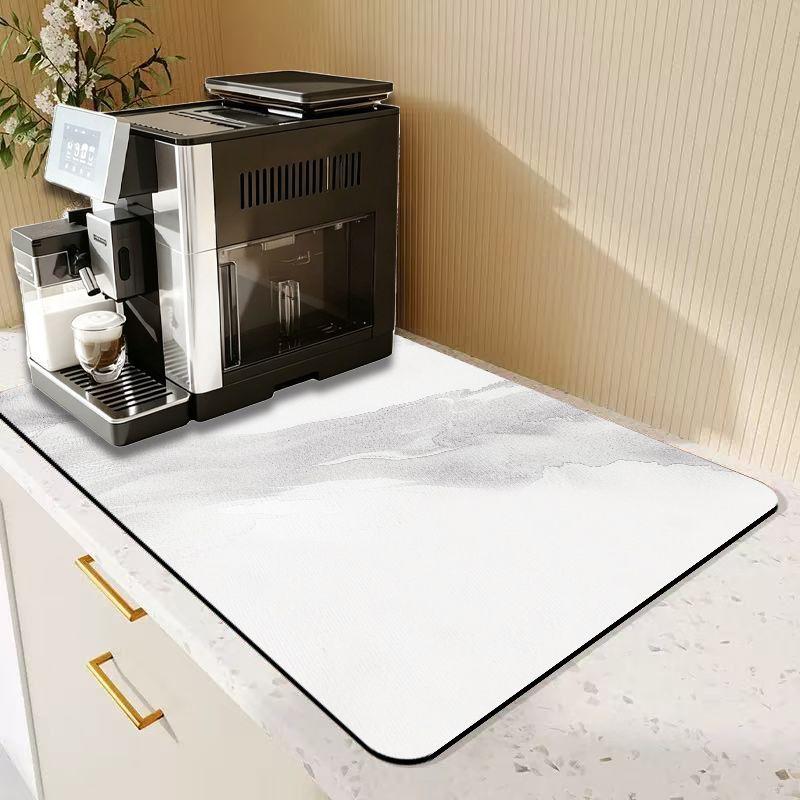 Light Grey Ink Marble Coffee Mat Quick Drying Absorbent Non Slip Coffee Machine Counter Protector Mat Coffee Decor Rug
