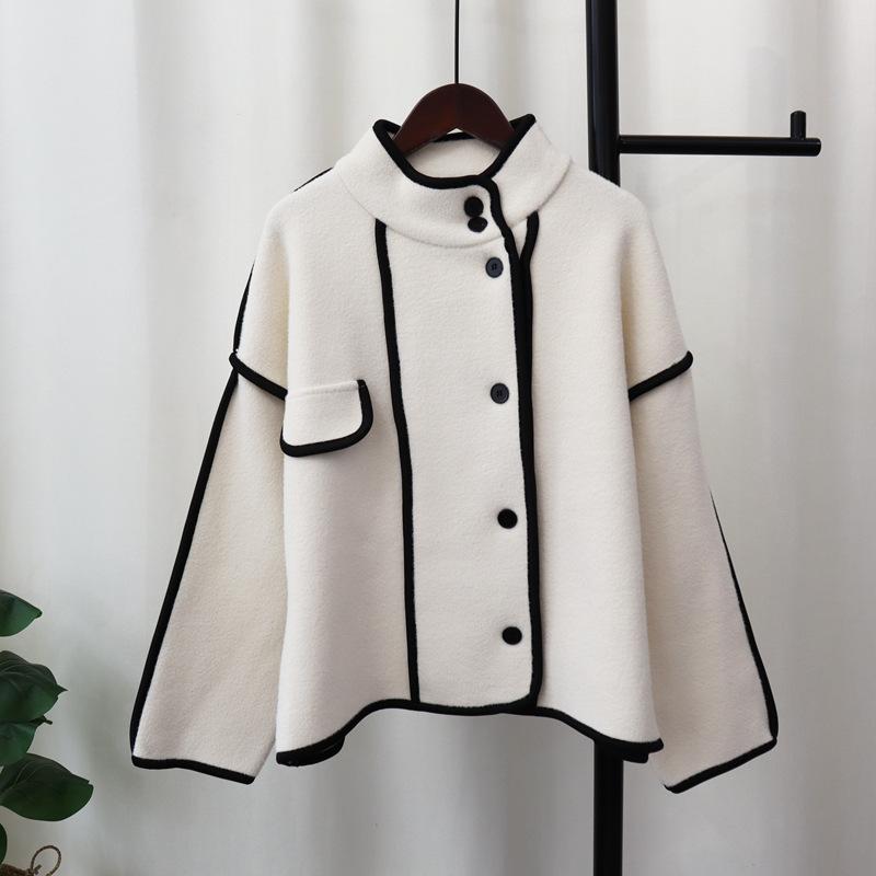 Stand-up Collar Knitted Double-sided Cardigan Autumn and Winter New Contrasting Colors High-end Temperament Sweater Jacket Women
