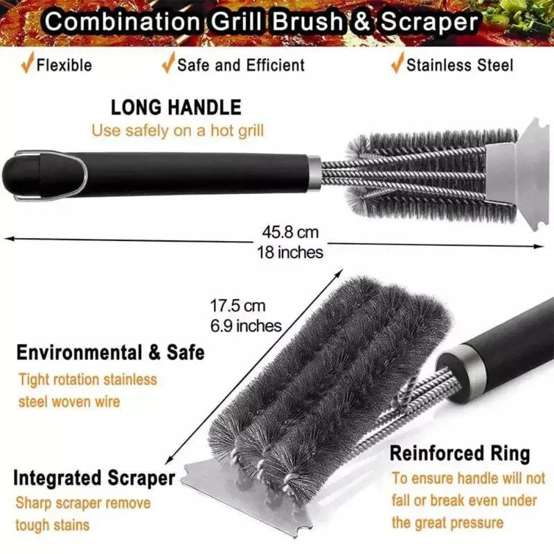 1pcs Wire Bristles BBQ Brush and Scraper Triple Scrubber Safe Efficient Grill Clean Brush for Outdoor Barbecue Essential Tools