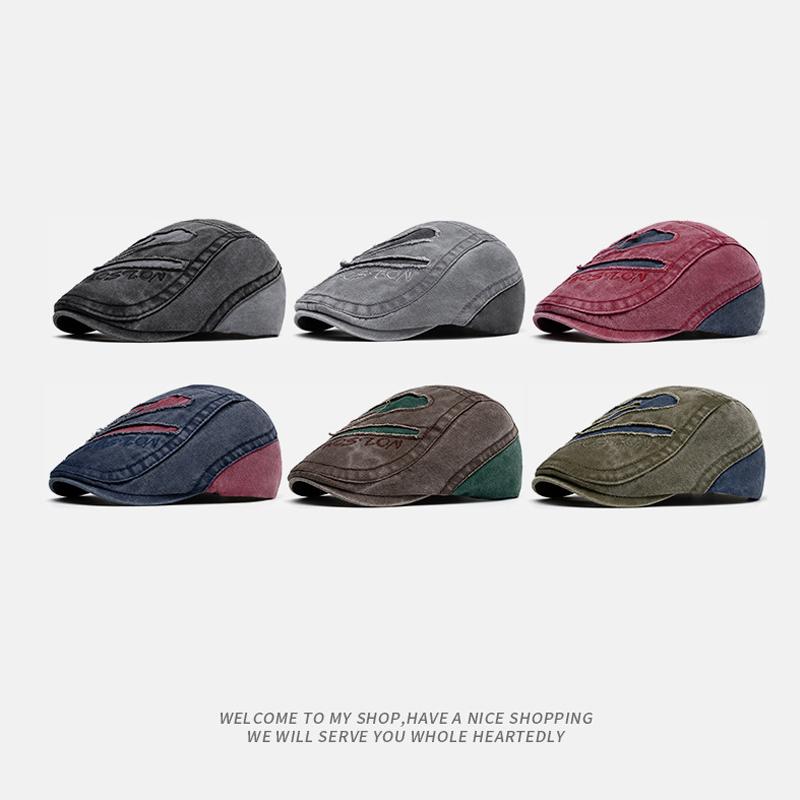 Men's Forward Hat Color Block British Vintage Beret Sun Hat Letter Embroidered Cap