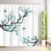 Blue Floral Bird Shower Curtain Watercolor Flower Birds Tree Branch Cherry Blossom Modern Minimalist Bathroom Decor with Hooks