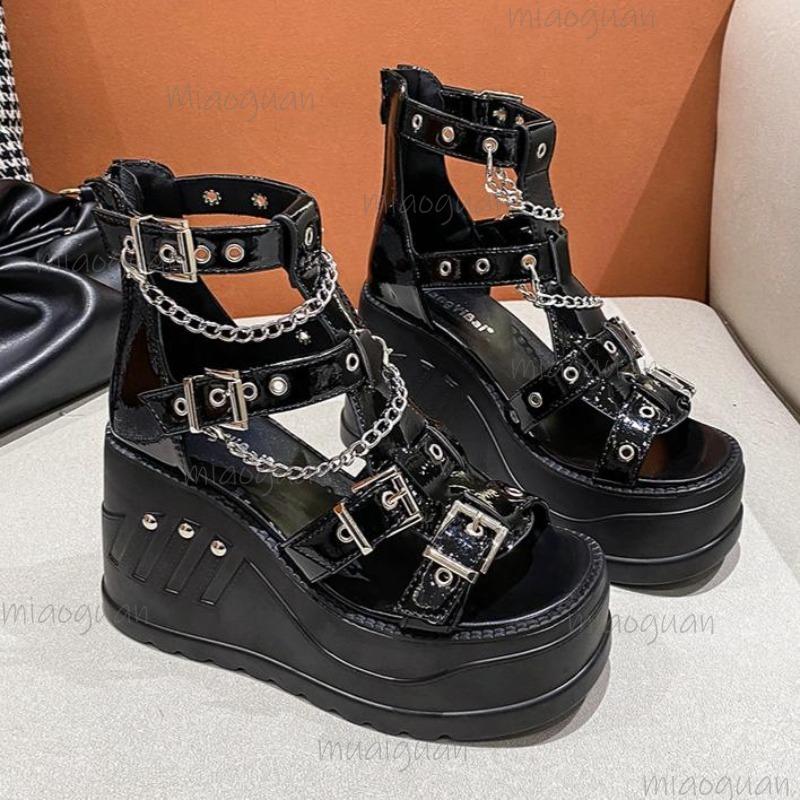 Women's Punk Platform Wedges Sandals Black Patent Leather Open Toe Sandals Metal Buckles Chain Chunky Sole Shoes Sandalias Mujer