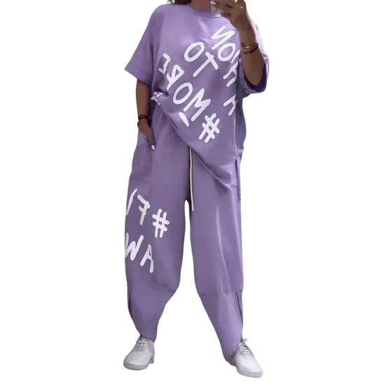 2Pcs/Set Women Summer Outfit O-Neck Short Sleeve T-shirt Waist Ties Pockets Harem