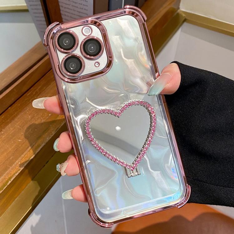 Heart-shaped Mirror Electroplated TPU + Acrylic Phone Case with Holder