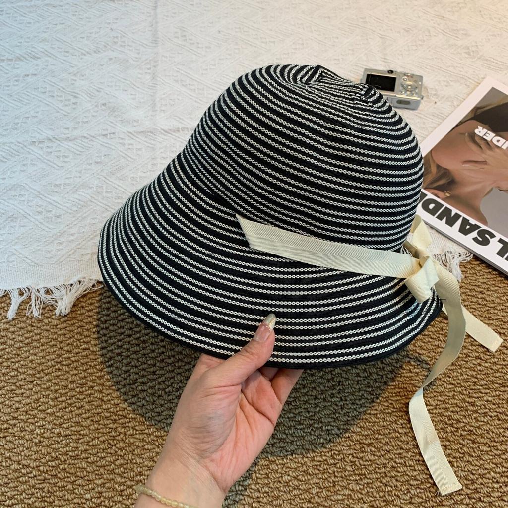 New Striped Strap Large Brim Bucket Hat Women's Summer Foldable Sun Protection UV Protection Outdoor Sun Hat