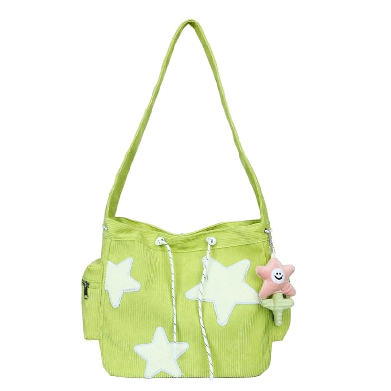 

[MANATAS] shoulder bag ladies corduroy star pattern cute bag charm Shoulder bag With zipper star lightweight Larger everyday use drawstring (green)