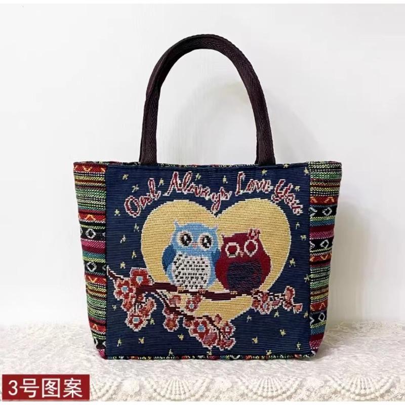 Canvas bag, women's large-capacity double-sided embroidered animal handbag, mommy bag, go shopping, handbag